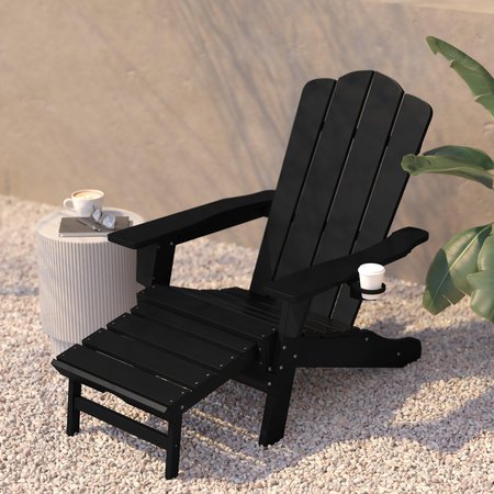 Flash Furniture Black Adirondack Chair with Ottoman and Cupholder LE-HMP-1045-110-BK-GG
